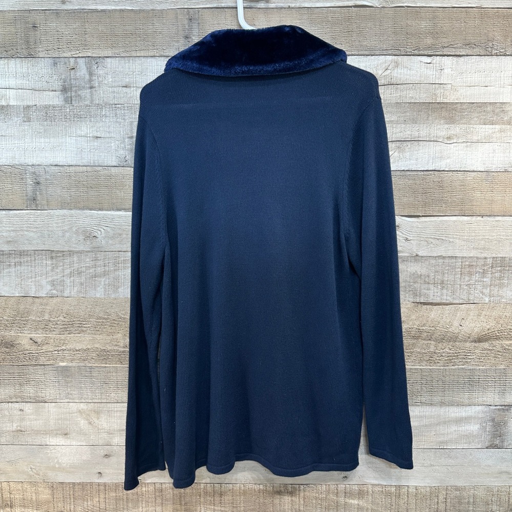 Chicos Women Navy Blue Faux Fur Collar‎ Knit Cardigan Sweater Size 3 - Picture 3 of 5